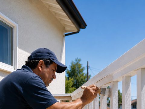 Pintor aplicando pintura blanca sobre una baranda de madera