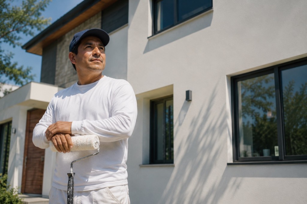 Pintor profesional frente a una vivienda recién pintada
